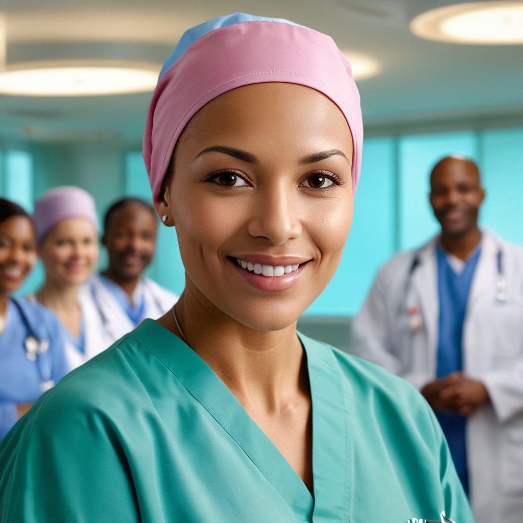 A serene hospital environment showcasing healthcare professionals collaborating over advanced cancer treatment methods. Include diverse patients smiling, symbolizing hope and recovery, with futuristic medical equipment in the background. Soft warm lighting and a clean atmosphere to evoke a sense of care and progress. Aesthetic focus on human connection and innovation in medicine. super-realistic. vibrant colors. soft lighting.