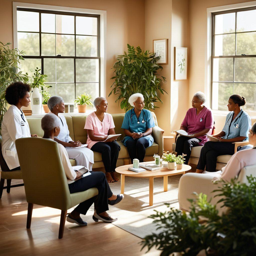 A compassionate scene showcasing a diverse group of cancer patients and healthcare professionals engaged in a supportive discussion. The backdrop features a serene, sunlit room filled with comforting plants and informative brochures. Include symbols of knowledge like books and a digital tablet with cancer resources. The atmosphere should radiate hope, empowerment, and kindness. warm colors. soft focus. super-realistic.